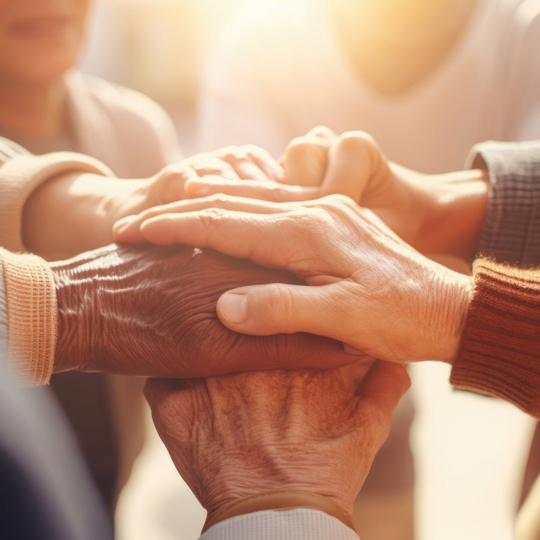 A group of seniors joining hands in a circle, swaying to the rhythm of the music